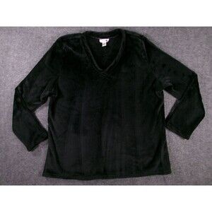 Pink K Top Womens XL Black Fleece V Neck Pullover Long Sleeve Cozy Soft Plush